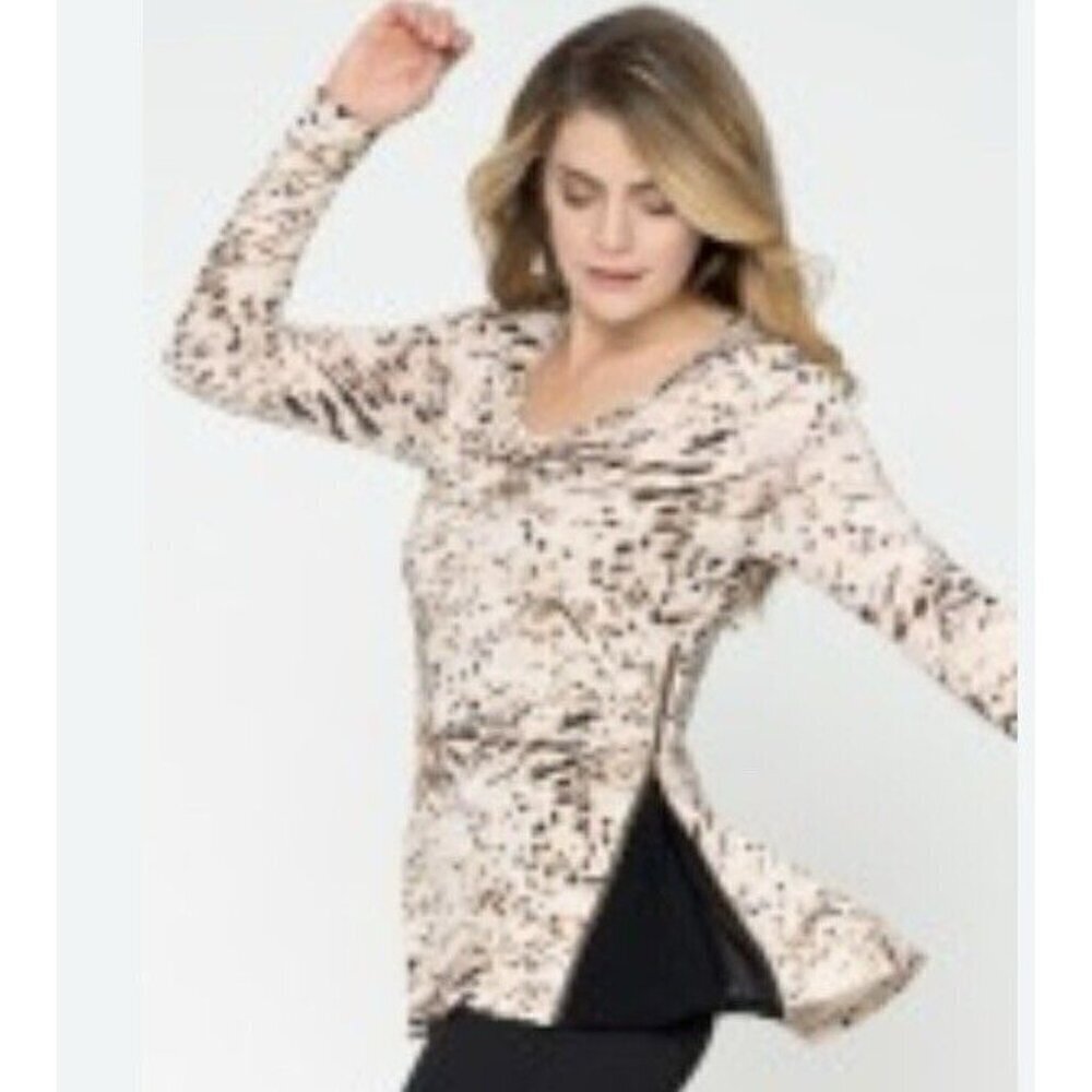 Lysse Top Womens Xl Animal Print Zipper Sides Knit Tunic Long Sleeve Lined Boho